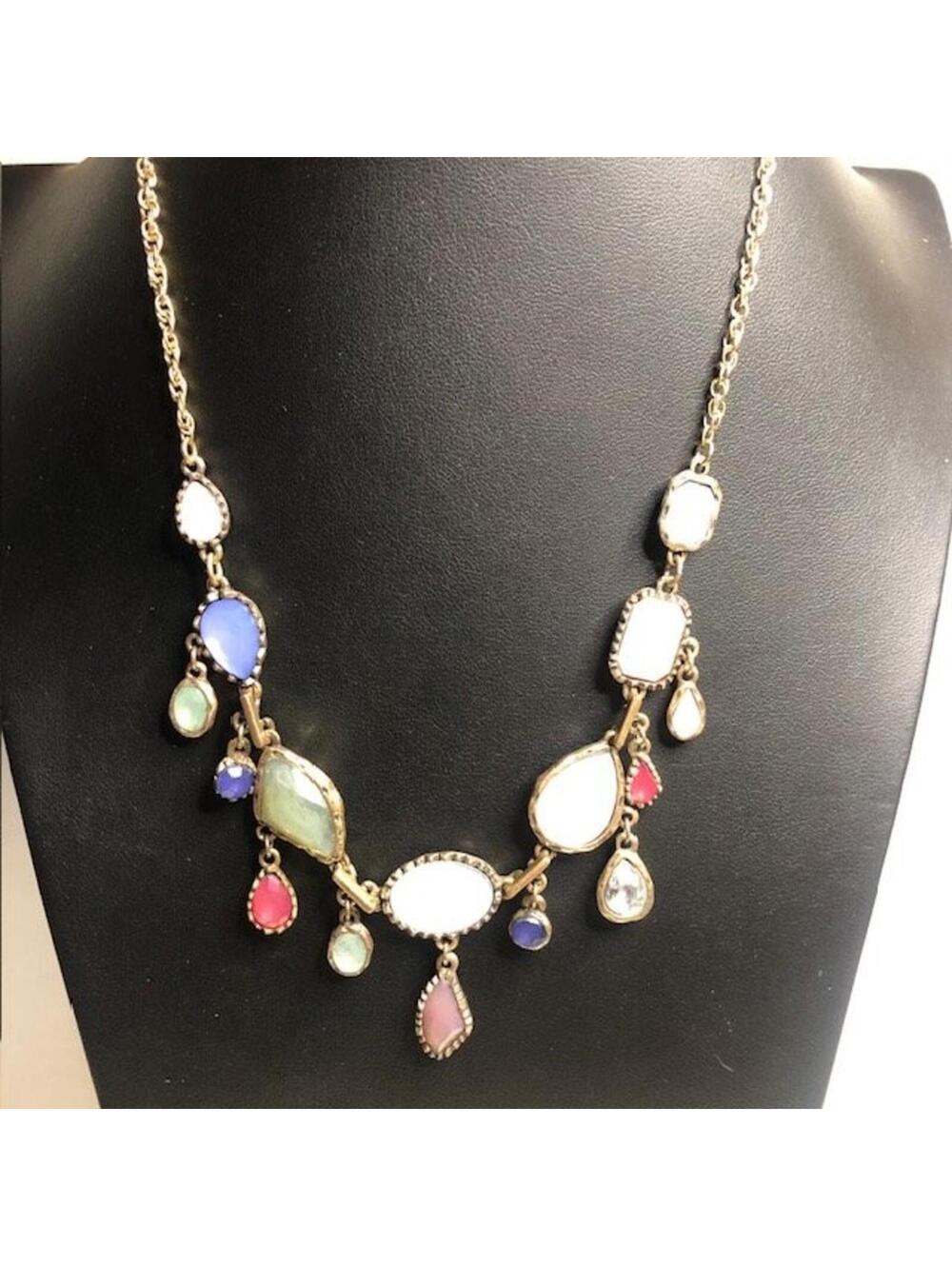 B0759 LOFT Multicolor Statement Bib Necklace Gold Tone Chain 18 Inch